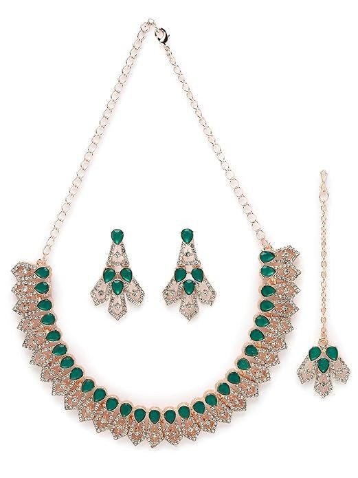 Sukkhi Fashionable AD Green Stones Collar Bone Necklace Set With Earring And Maangtika | Jewellery Set For Women (NS105558)