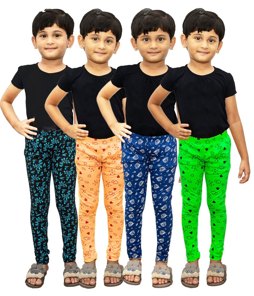 AFRA Stylish Slim Fit Ankle Length Printed Pure Cotton Leggings Pack of 4 For Kids | Full Length Leggings 4 in 1 (Combo)