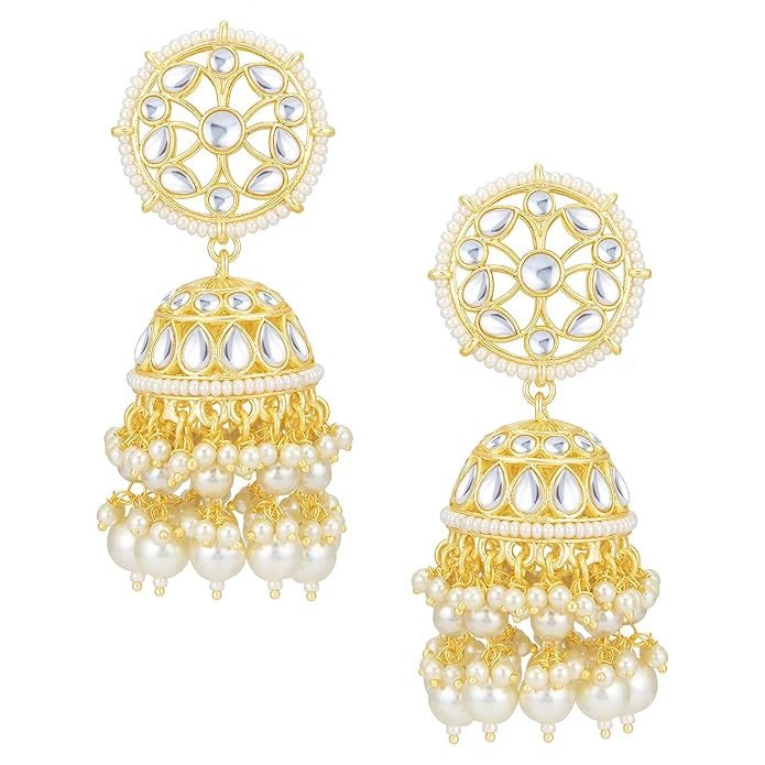 Delicate Kundan Gold Plated Pearl Jumki Earring Set for Women (SKR85640), One Size