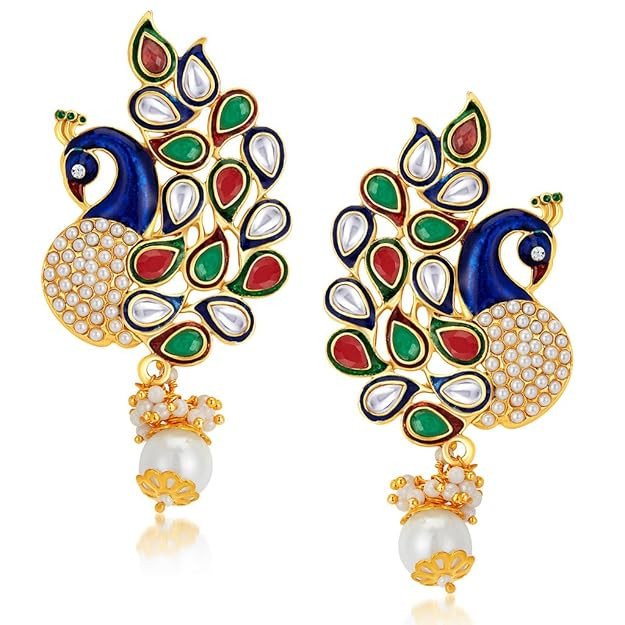 Glorious Pearl Gold Plated Wedding Jewellery Kundan Peacock Meenakari Dangle Earring for Women (6083EADP570)