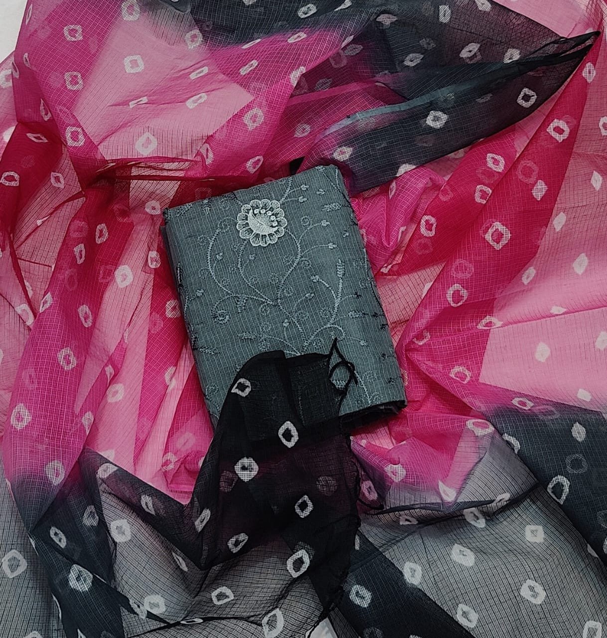 Edathal Star Collection's Kota Doria Pure Cotton Chikenkari Embroidery Top  Material - Dark Ash | Dress Material (TOP & DUPATTA)