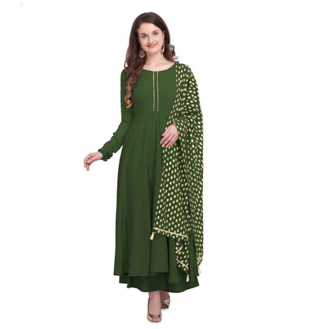 Aparna Collection's Attractive Stylish Georgette Full Sleeve Long Length Kurti & Duppatta For Women - Olive Colour
