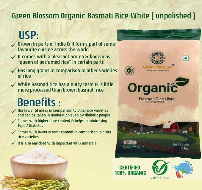 Green Blossom Natural & Organic White Basmati Rice (Biriyani Rice) - 1 Kg | Perfectly Aged | Long Grain with Rich Aroma Basmati Rice (Long Grain, Unpolished)