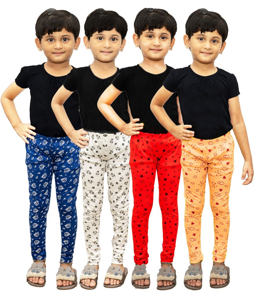 AFRA Garments Girl's Casual Stylish Ankle Length Daily Use Printed Pure Cotton Leggings (Pack of 4)  | Full Length Leggings 4 in 1 (Combo)