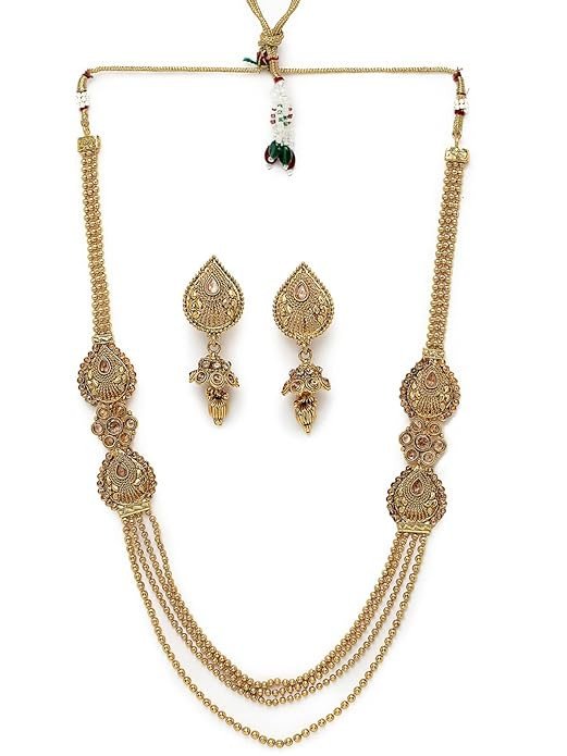 Gold Plated Rani Haar Long Kundan Studded Multistring Necklace Set With Jhumki Earring | Jewellery Set For Women (NS105726)