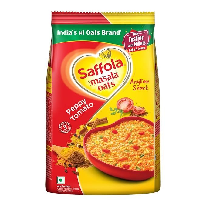 Saffola Masala Oats | Peppy Tomato | Tasty, Anytime Snack | Ready in 3 mins | Millets Goodness- with Bajra & Jowar | No maida , No added preservatives | Oats helps manage weight |500g