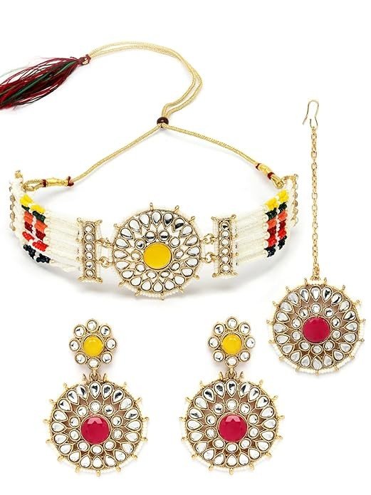 Sukkhi Decorative Round Shaped Multicolor Kundan & Beads Studded Choker Necklace Set For Women.