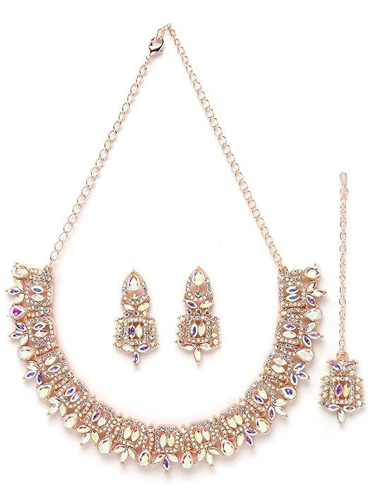 Rose Gold Plated Rainbow Stone Collar Bone Necklace Set With Earring And Maangtika | Jewellery Set For Women (NS105696)