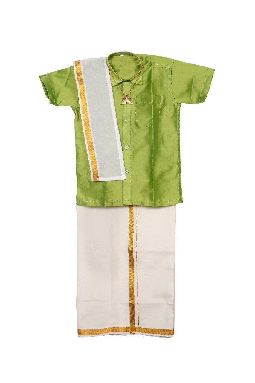DJ Collection's Kids Attractive Stylish Traditional Premium Quality Silk Cotton Shirt-Dhoti-Towel Full Set With Free Ornaments - Multicolour | Kids Traditional Ethnic Wear