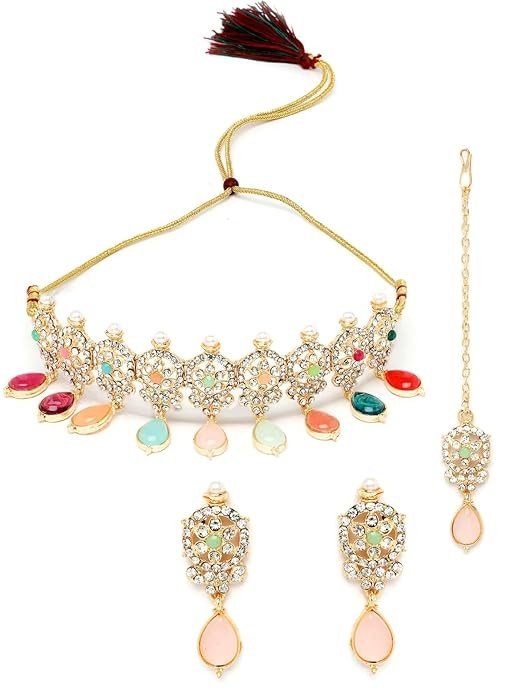 Sukkhi Terrific Gold Plated Multi AD Stones & Beads Choker Necklace Set With Earring And Maangtika | Jewellery Set For Women (NS105563)