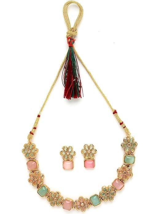 Sukkhi Youthful Floral Gold Plated Multicolor AD Stone Collar Bone Necklace Set And Earring | Jewellery Set For Women (NS105514)