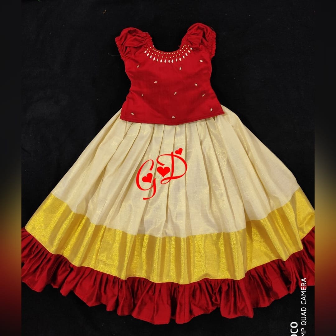 Classy Threads Collectionzz Kerala Trendy Stylish Silk Cotton Kids Skirts & Jacket - Red & White Colour | Kerala Traditional Pattupavada