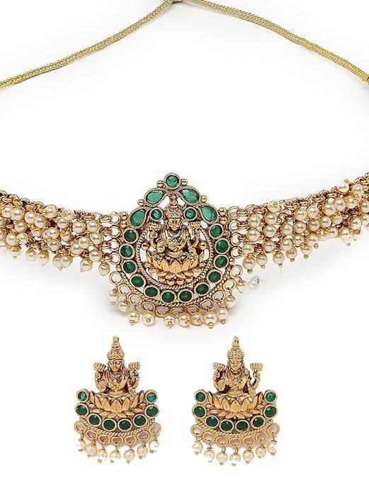 Sukkhi Sparkling Indian Temple Gold Plated Green Beads Choker Necklace Set With Studs Earring | Jewellery Set For Women (NS105622)