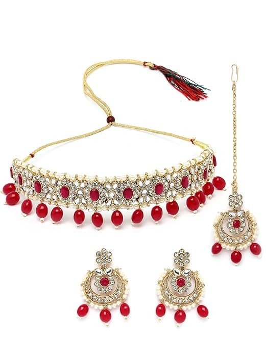 Sukkhi Pretty Traditional Style Gold Plated Kundan & Beads Choker Necklace Set With Earring And Maangtika | Jewellery Set For Women.