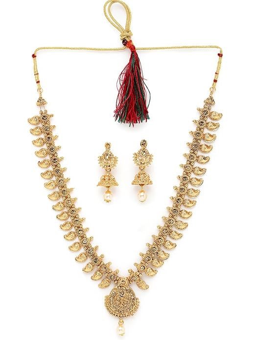 Classical Temple Gold Plated Copper Beads Studded Long Necklace Set With Jhumke Earring | Jewellery Set For Women (NS105657)