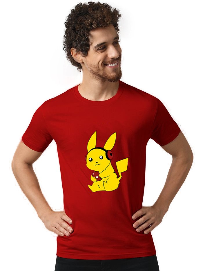 Beorign Regular Fit Stylish Look Trendy Casual Simple Cotton Blend Half Sleeves Pikachu Music Printed T-Shirt For Men - Red Colour ( M , L , XL )