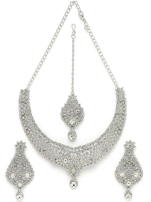 Sukkhi Most Beautiful Rhodium Plated Silver AD White Stone Collar Bone Necklace Set And Earring | Jewellery Set For Women (NS105513)