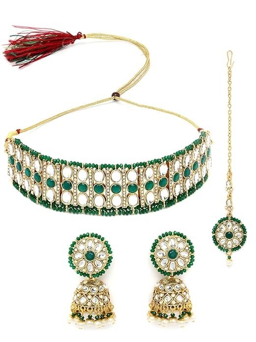 Sukkhi Sporty Gold Plated Green Kundan & Beads Studded Choker Necklace Set With Jhumki Stylish Earring For Women.