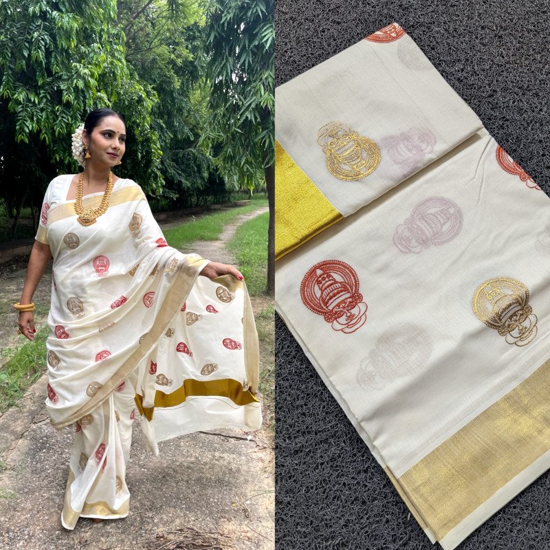 Sai Ram Textile's Kathakali Embroidery White Saree | Traditional Saree