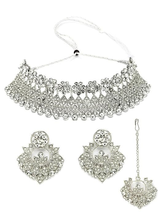 Universal Rhodium Plated Silver Ad Stone Studded Choker Necklace Set For Women.