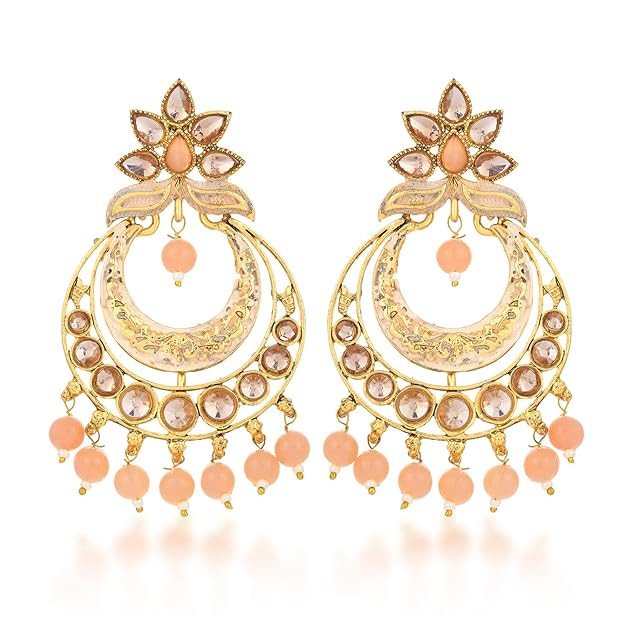 Fashionable LCT Gold Plated Pearl Mint Meena Collection Chandbali Earring For Women.