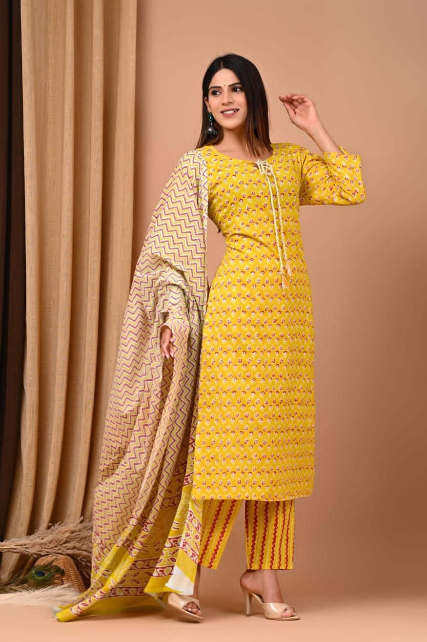 Bagru Handblock Printed Designer Cotton Suit With Mulmul Duptta - Yellow Colour | Cotton Churidar Full Set