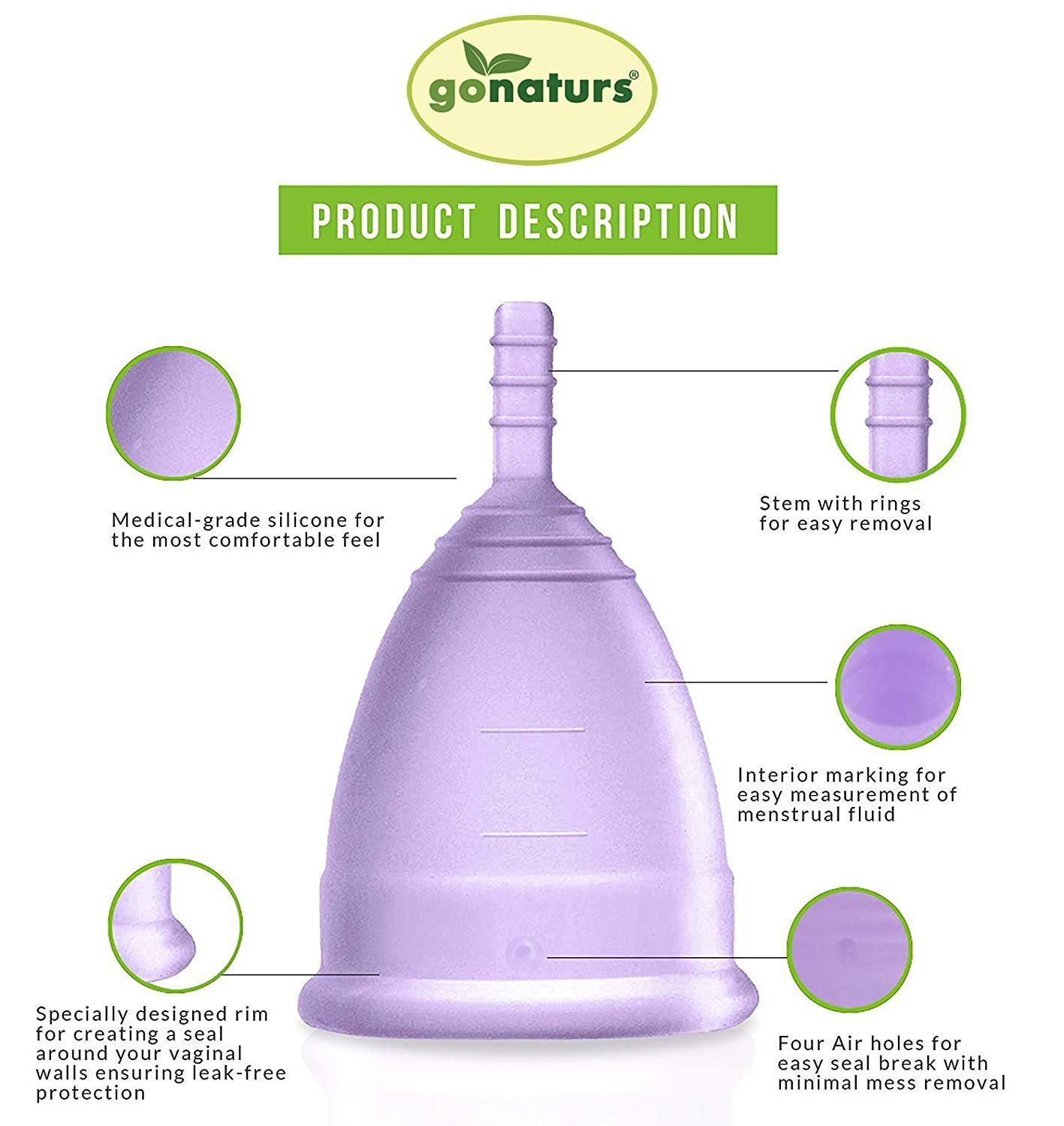 Gonaturs Allergy free Reusable Menstrual Cup for Women Sanitary Pad Free Periods with No Rashes, No Odour,12 hours Leak-Proof Protection - Large