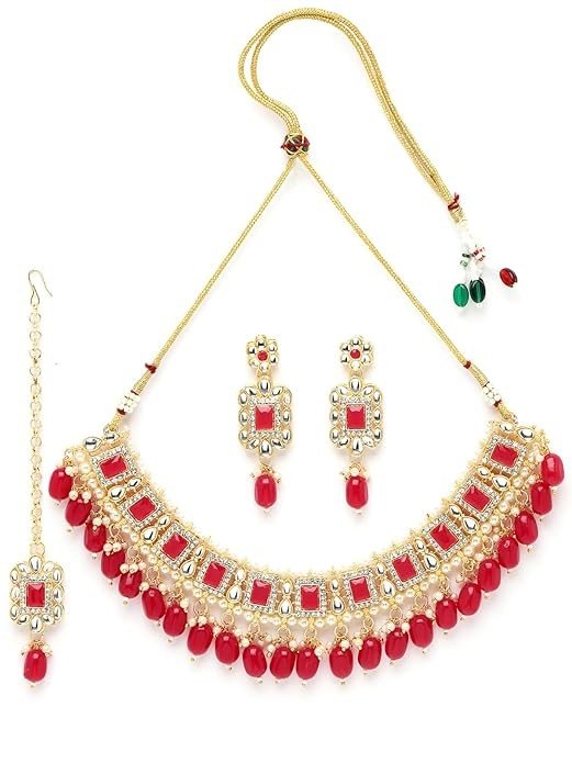 Sukkhi Glitzy Gold Plated Rani Pink Ad Stones & Beads Studded Choker Necklace Set For Women