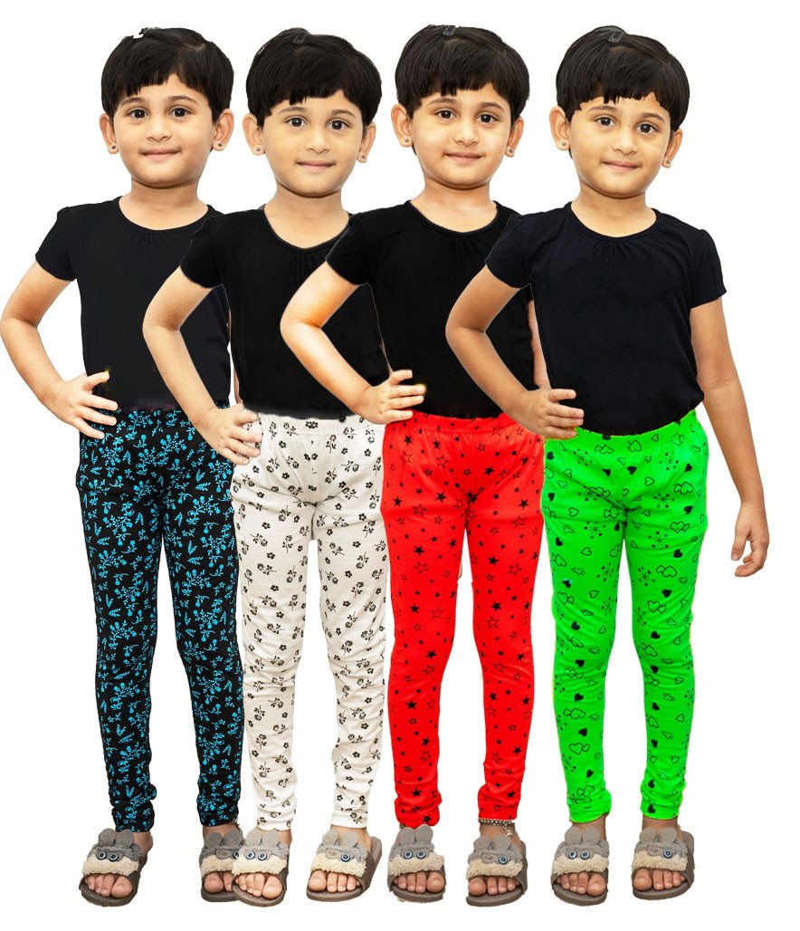 AFRA Stylish Regular Fit Casual Full Length Printed Pure Cotton Leggings For Kids (Pack of 4)  | Full Length Leggings 4 in 1 (Combo)