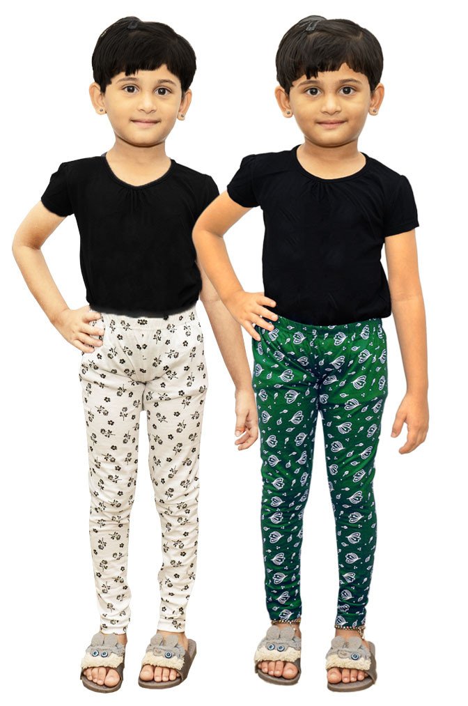 AFRA Solid Kid's Stylish Attractive Pure Cotton Printed Multi-coloured Leggings 2 Pack Combo | Girl's Leggings Combo (2 in 1)