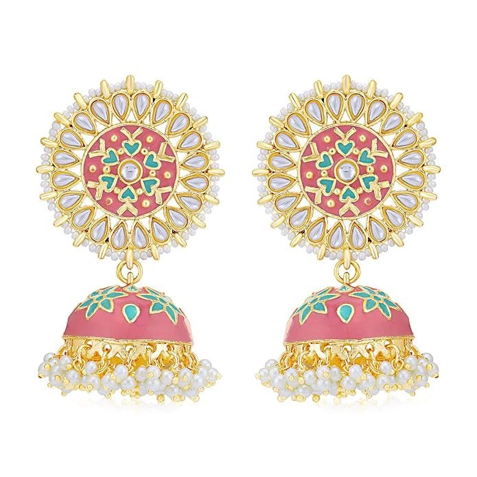 Attractive Brass Pearl Gold Plated Kundan Meenakari Jhumki Earring for Women (SKR56732, Pink and Green)