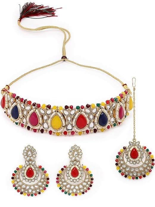 Sukkhi Incredible Drop Shaped White Kundan & Beads Studded Choker Necklace Set For Women