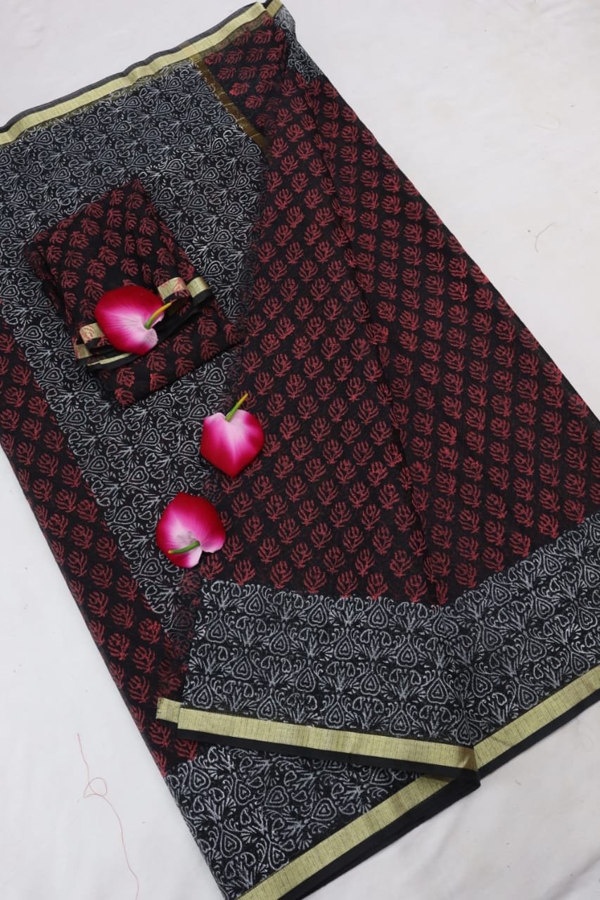 Edathal Star Collection's Soft & Smooth Kota Doria Mix Cotton Block Printed Saree With Blouse - Black Colour | Cotton Saree