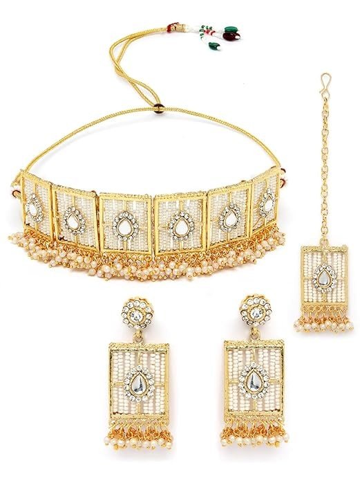 Sukkhi Beautiful Squared Shaped White Beads Studded With Gold Plated Choker Necklace Set For Women.