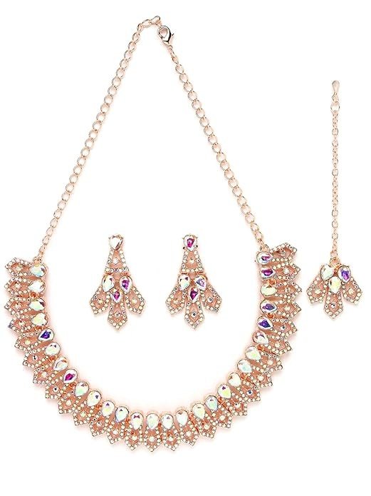 Sukkhi Flashy Rose Gold Plated Rainbow Stones Collar Bone Necklace Set With Earring And Maangtika | Jewellery Set For Women (NS104988)