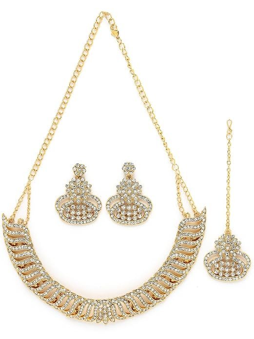 Soothing Gold Plated AD White Stone Collar Bone Necklace Set With Earring And Maangtika | Jewellery Set For Women (NS105636)