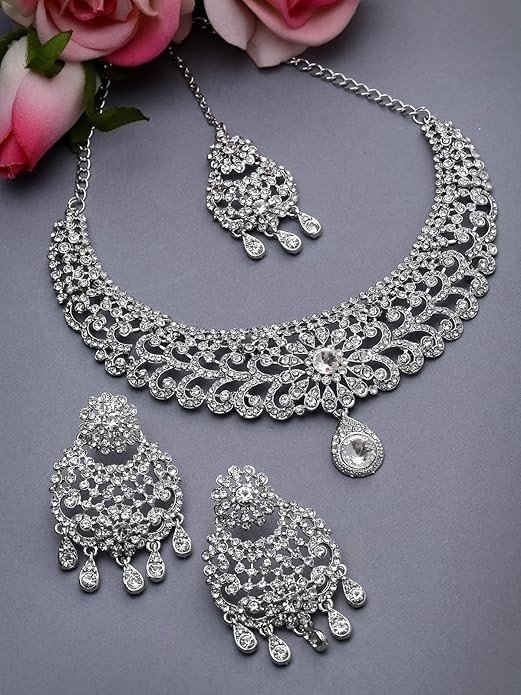 Sukkhi Desirable Rhodium Plated Silver AD White Stones Floral Silver Necklace Set With Earring And Maangtika | Jewellery Set For Women (NS105611)