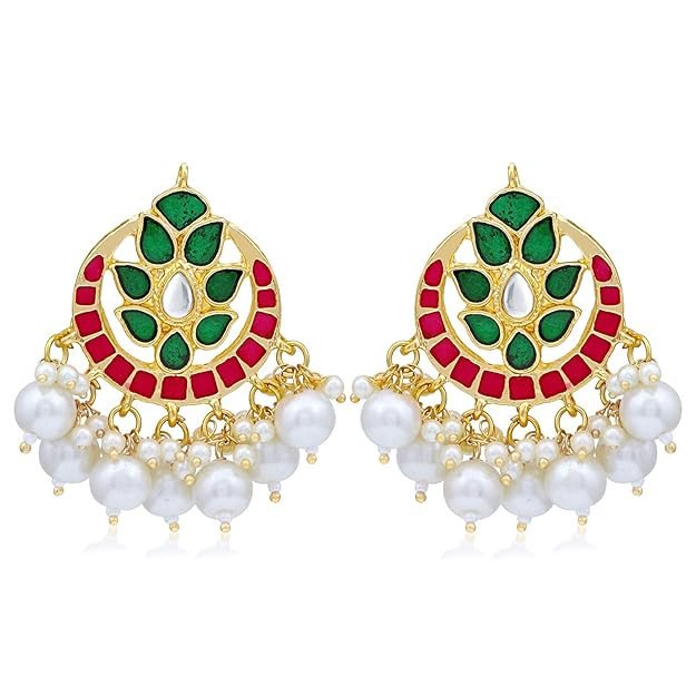 Glossy Kundan Gold Plated Pearl Meenakari Chandbali Earring For Women (SKR56854)