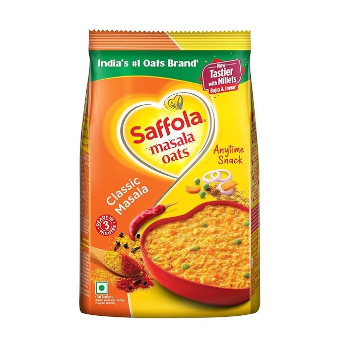 Saffola Masala Oats | Tasty, Anytime Snack | Ready in 3 mins | Millets Goodness- with Bajra & Jowar | No maida , No added preservatives | helps manage weight