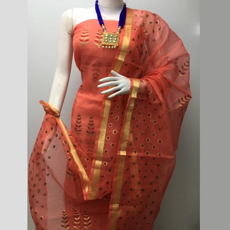 Stitched Brink Pink printed cotton dress material with lace work kota doria  dupatta | Kiran's Boutique