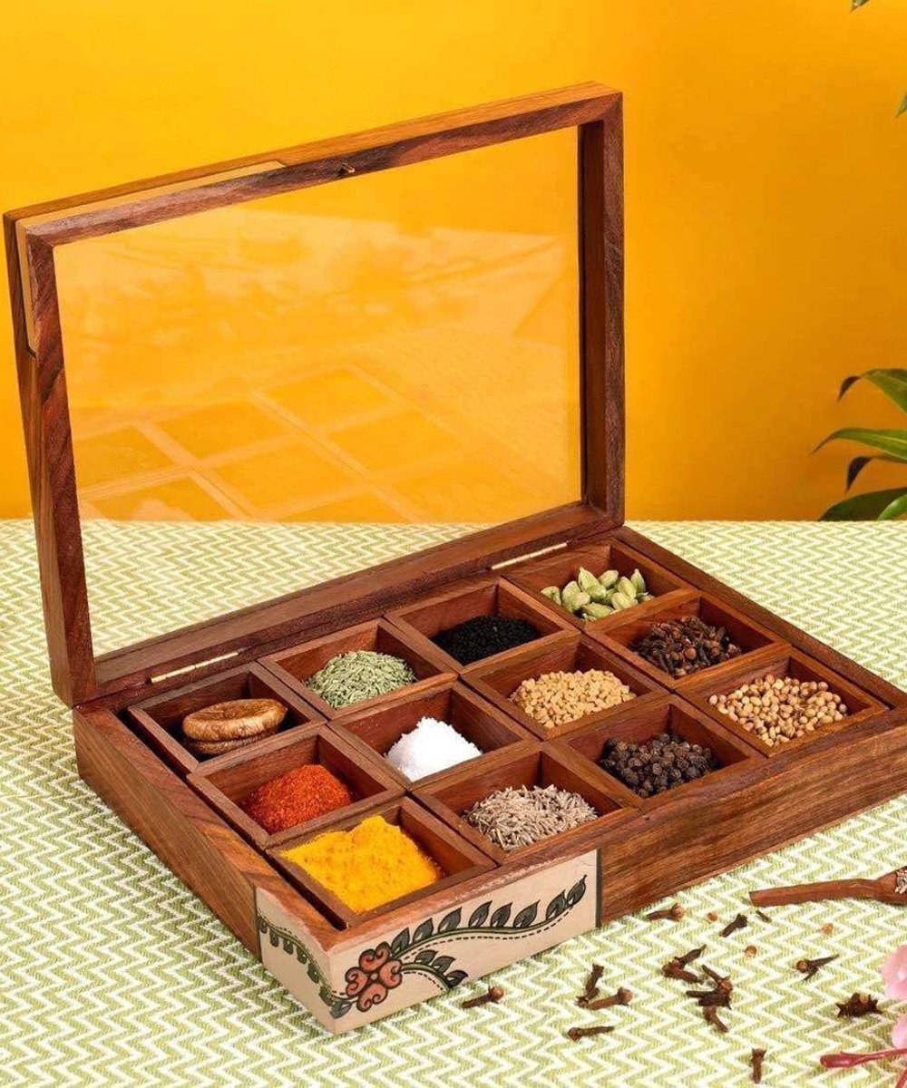 Spice Container Masala Dabba Wooden Hand Made Spice Box with Spoon for Kitchen
