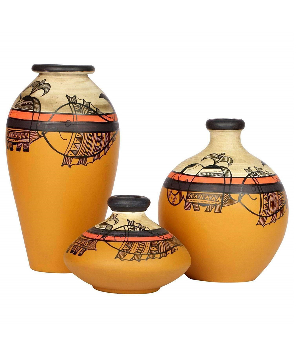 Hand Painted Terracotta Earthen Vases Set of 3 Small Vases Gifting Item  Vases Home Decor