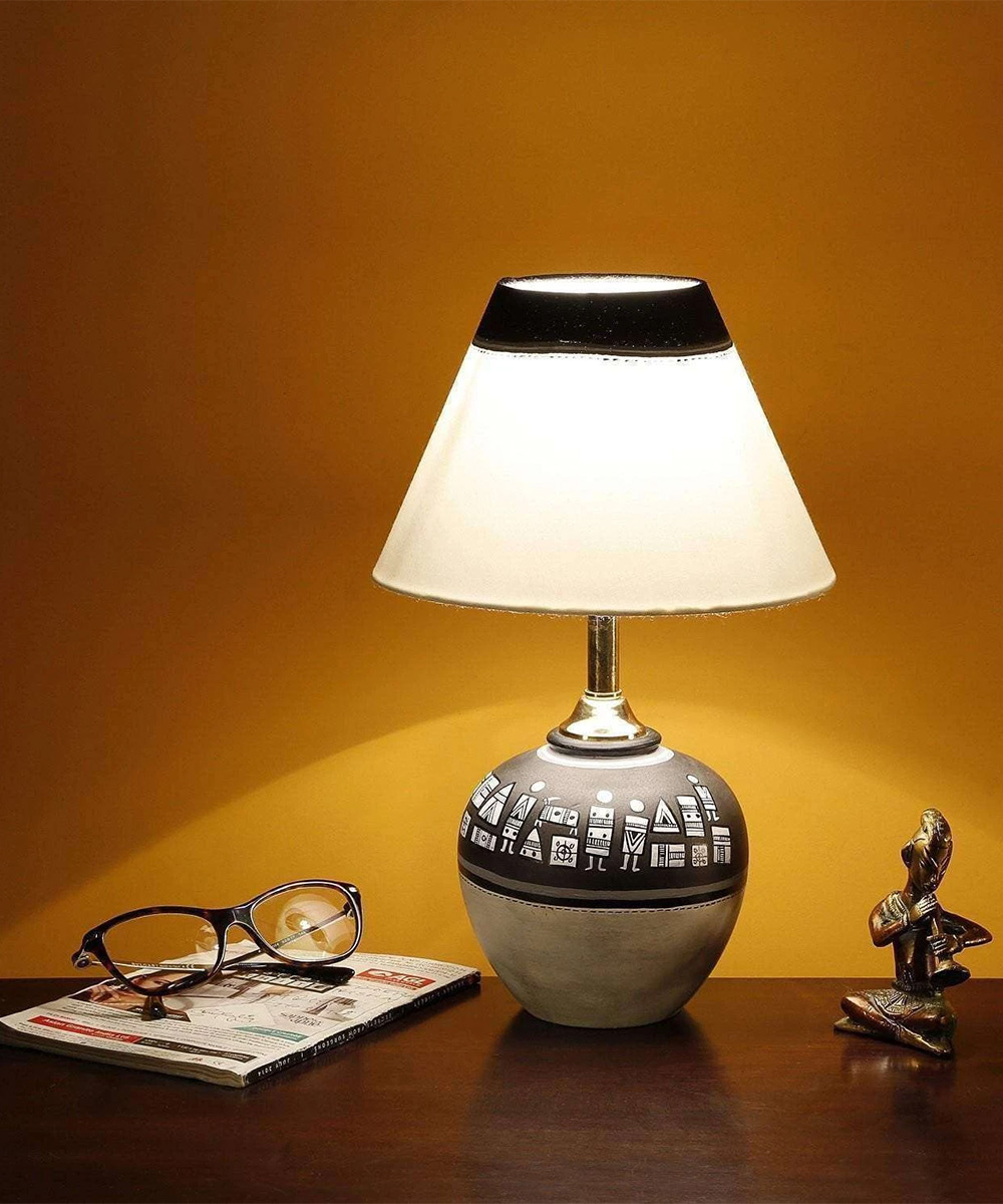 Terracotta Warli Hand-Painted Pot Shaped Home Bedroom Table Lamp  Table Lamps for Home Decor