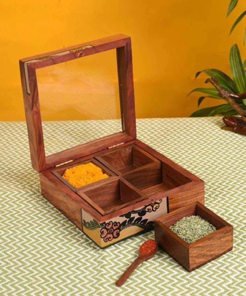 Handmade Wooden Utility Wooden Masala Box With Spoon- Spice Box For Kitchen With 4 Container