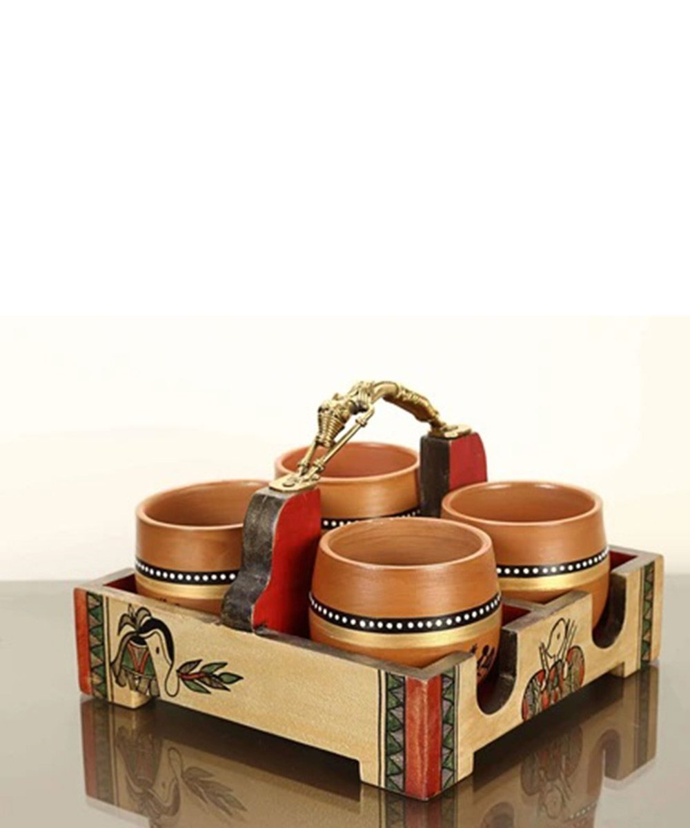 Handcrafted Wooden Tray with Kullads Serving Tray with Kulhads Decorative Trays With 4 Kulhads