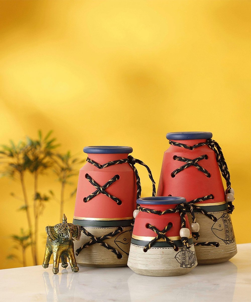 Earthen Warli Painting Vases  Home DcorTable Top Vases Small Vases Set of 3