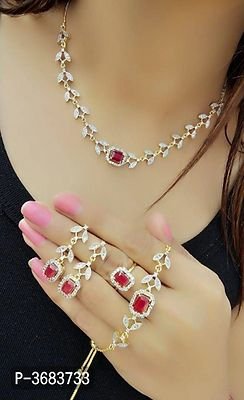FSS Red Alloy American Diamond Jewellery Set