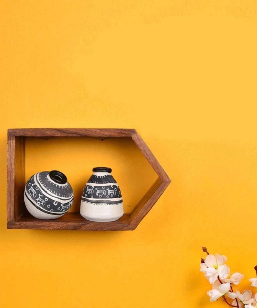Wall Mounted Wooden Wall Shelf With Terracotta Vases  Decorative Vases With Wall Showcase