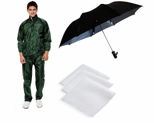 FSS Green Rain Coat with Black Umbrella And 3 Piece Of white Handkerchief