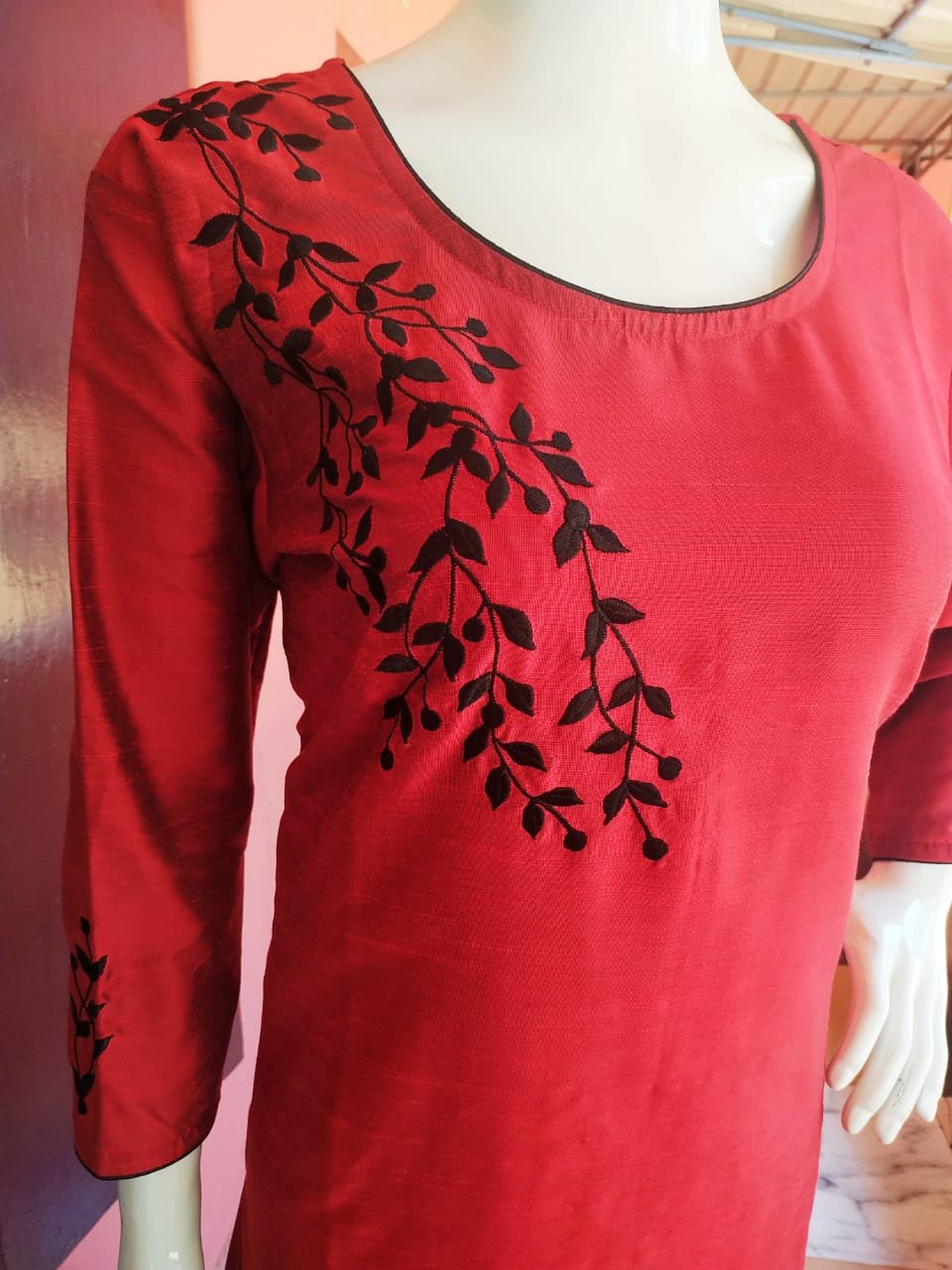 Ladies fashion Designer Semi silk stiched kurti With work on yoke S L XL XXL